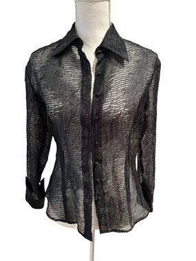 VINTAGE Black Sheer Button Down Top Size Small